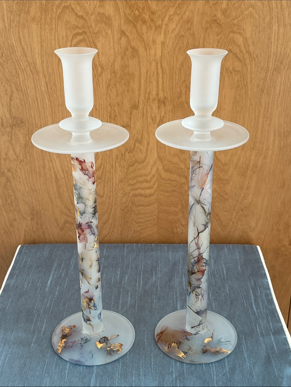 Vintage Frosted Art Glass Candlestick Holders Pastel Splatter Gold Foil